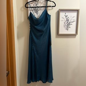 Lulus Slinking Out loud Teal satin button slip dress size M